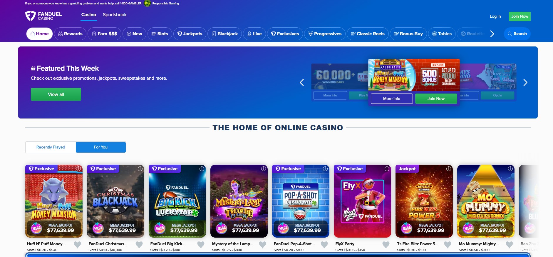 FanDuel Casino lobby interface with live dealer games and slots